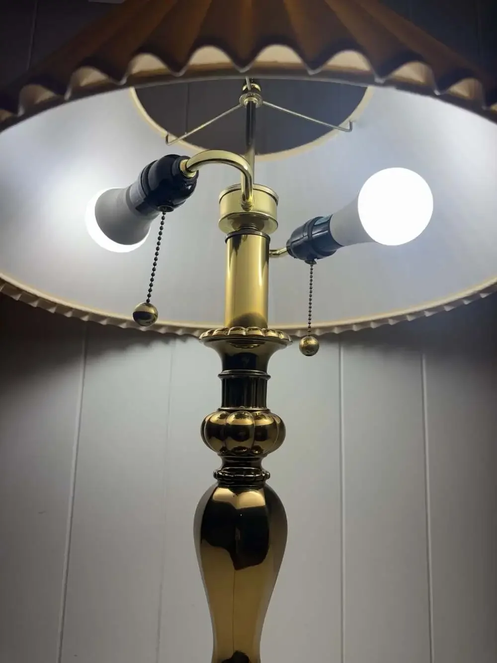Vintage Brass Table Lamp with Accordion Pleated Shade and Double Pull Chain